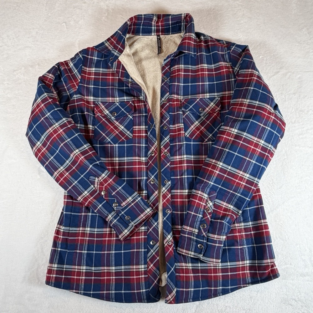 Kuhl Shirt Jacket Women's Sz L Blue Red Plaid Sherpa Lined Snap Buttons Pockets